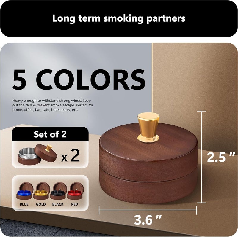 roygra Wooden Ash Tray with Lid (2 Pack), Outdoor Ashtray for Outside Patio, Smokeless Ashtrays for Cigarettes with 3 Holder, Smoking Accessories, Home Décor, Ashtrays for Smokers Indoor - Silver - Image 2